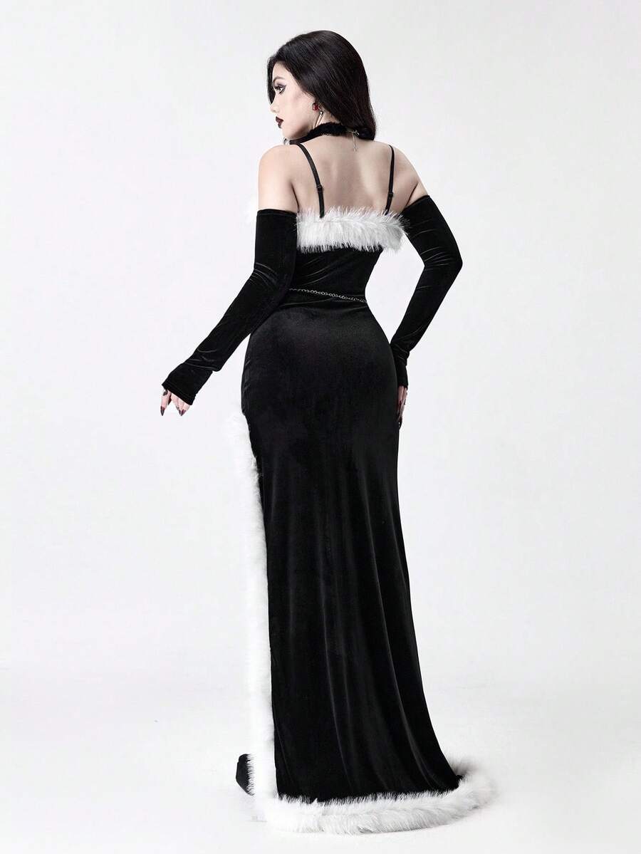 Back view of black gothic velvet maxi dress with spaghetti straps and faux fur trim