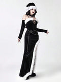 Side view of black gothic velvet maxi dress with fur-trimmed high slit