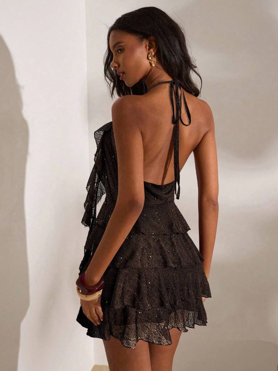 Black open back ruffle mini dress with halter tie