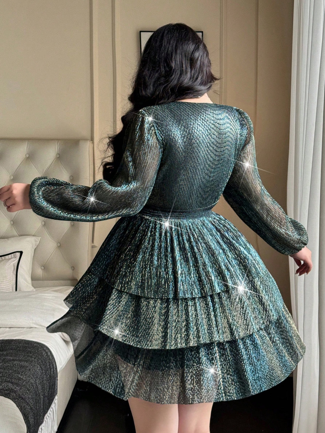 Elevate your party game with this stunning plus-size dress that's equal parts glamorous and comfortable. The lustrous shiny fabric catches the light beautifully, while the cleverly shirred and pleated waist creates a flattering silhouette that celebrates your curves. Perfect for autumn and winter celebrations, this chic number transitions seamlessly from cocktail hour to dancing the night away. Dress it up with heels and statement jewelry, or keep it effortlessly elegant—either way, you'll turn heads and fe