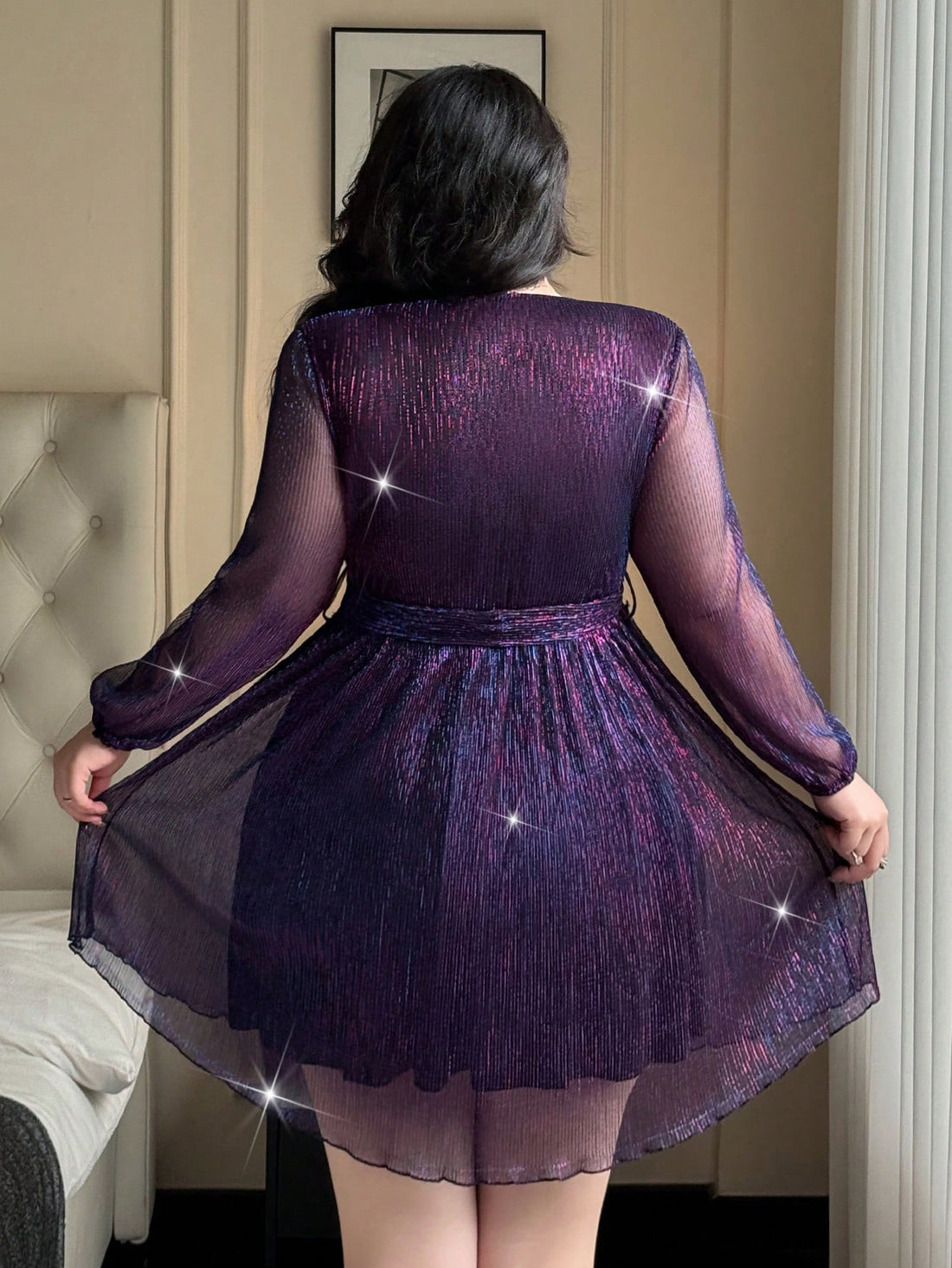 Elevate your party game in this stunning purple metallic dress that catches every light in the room! The luxe V-neckline and long sleeves offer sophisticated coverage, while the pleated waist detail creates a flattering silhouette that celebrates your curves. Shimmering fabric ensures you'll be the star of any celebration—whether it's a night out with friends or a special occasion that calls for serious glamour. Slip it on and prepare for compliments!