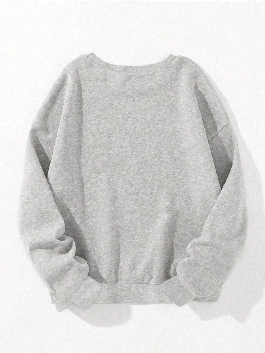 Back view of plain light heather-gray pullover sweatshirt with ribbed crew neck and hem