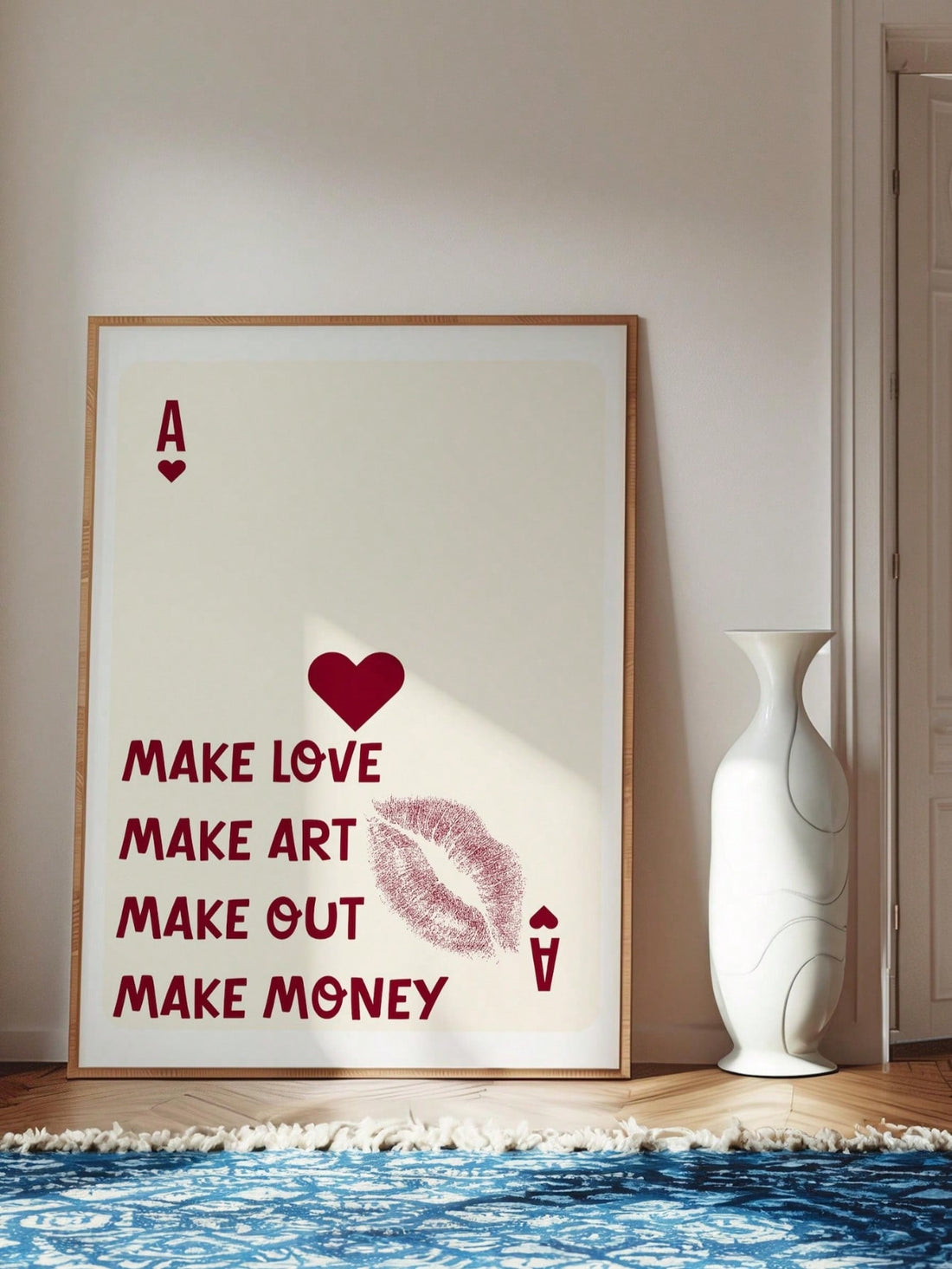 Add a touch of retro charm to your space with this eye-catching Ace of Hearts wall art poster. Featuring a classic playing card design paired with an inspiring love quote, it's the perfect blend of vintage vibes and romantic sentiment. Ideal for bedrooms, dorm rooms, or any space craving personality, this frameless poster brings instant character without the fuss. Display it solo for bold impact or mix and match with other prints to create your own gallery wall. A fun, affordable way to express your style a