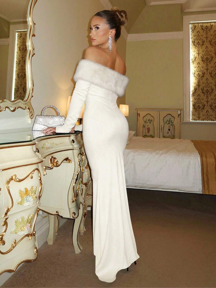 Make a statement in this stunning black off-shoulder maxi dress that effortlessly blends elegance with edge. Luxurious velvet fabric drapes beautifully while plush fur accents add texture and glamour. The off-shoulder neckline flatters your silhouette and keeps things flirty, while the floor-length cut delivers timeless sophistication. Whether you're heading to prom, a night out with friends, or a romantic date, this dress transforms any occasion into an unforgettable moment. Slip it on and watch heads turn