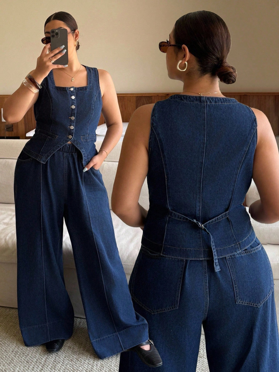 Elevate your denim game with this fabulous two-piece set that's giving major vintage vibes! The coordinating vest and pants feature eye-catching coin detailing that adds just the right amount of sparkle and personality. Perfect for layering through fall and winter, this set celebrates curves with a flattering plus-size fit that lets you feel confident and chic. Mix and match with your favorite basics, or rock the whole ensemble for an instantly polished look. Because style shouldn't have size limits—it shou