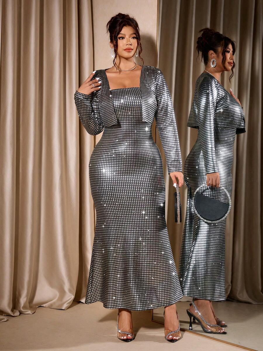 Celebrate the season in style with this stunning plus-size Christmas set. The silver foil bandeau bodycon dress features a sleek, form-fitting silhouette that shimmers with festive sparkle, while the coordinating cardigan adds versatility and warmth for holiday parties, dinners, or special events. Perfect for creating a glamorous, polished look that transitions seamlessly from day to night. Embrace your curves with confidence in this eye-catching two-piece ensemble designed to make you feel fabulous.