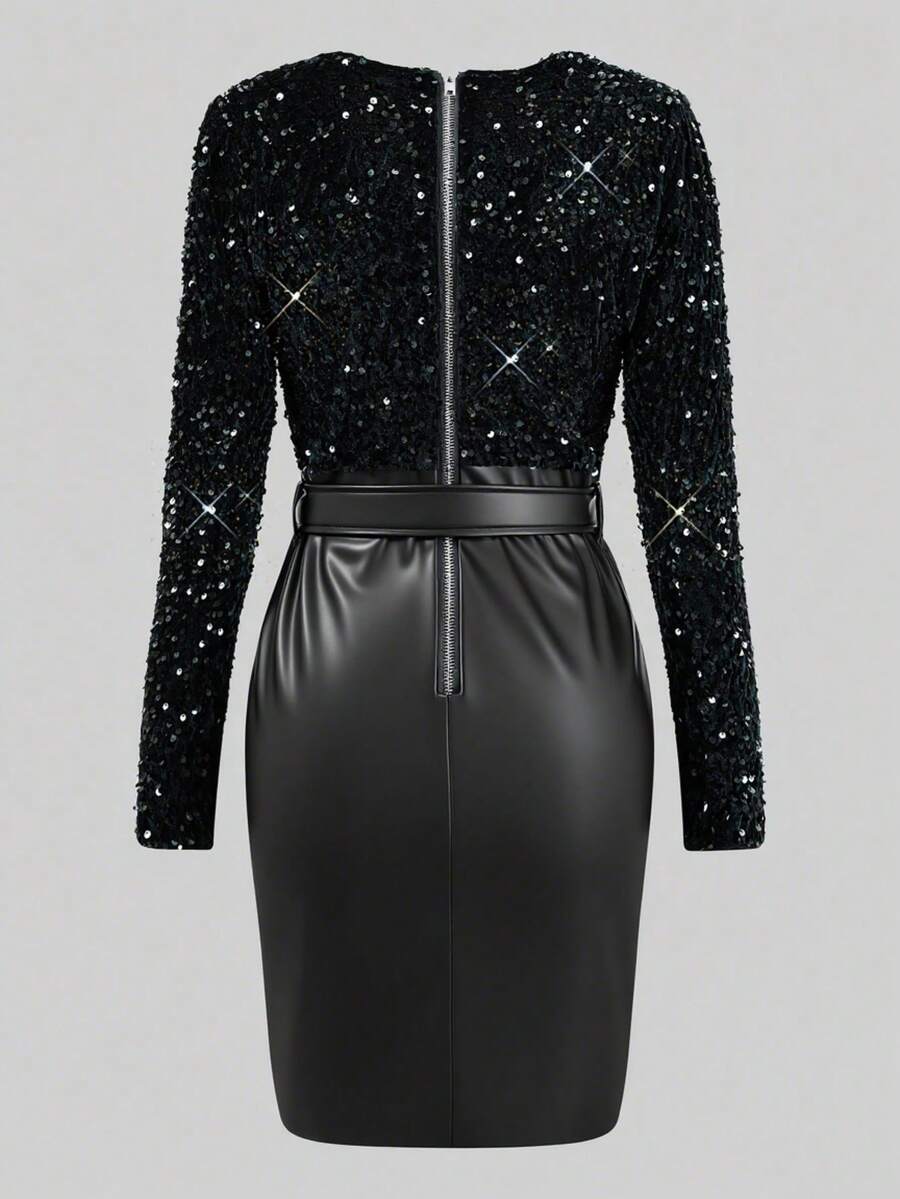 Turn heads at your next celebration in this show-stopping green sequin mini dress! Crafted from sleek faux leather with an eye-catching asymmetric hem, this dress delivers serious sparkle and modern edge. The shimmering sequin detailing catches the light with every move, making you the star of any Christmas party or evening event. Whether you're dancing the night away or making a grand entrance, this playful piece combines glamour with an unexpected twist. Dress it up with heels and statement jewelry for ma