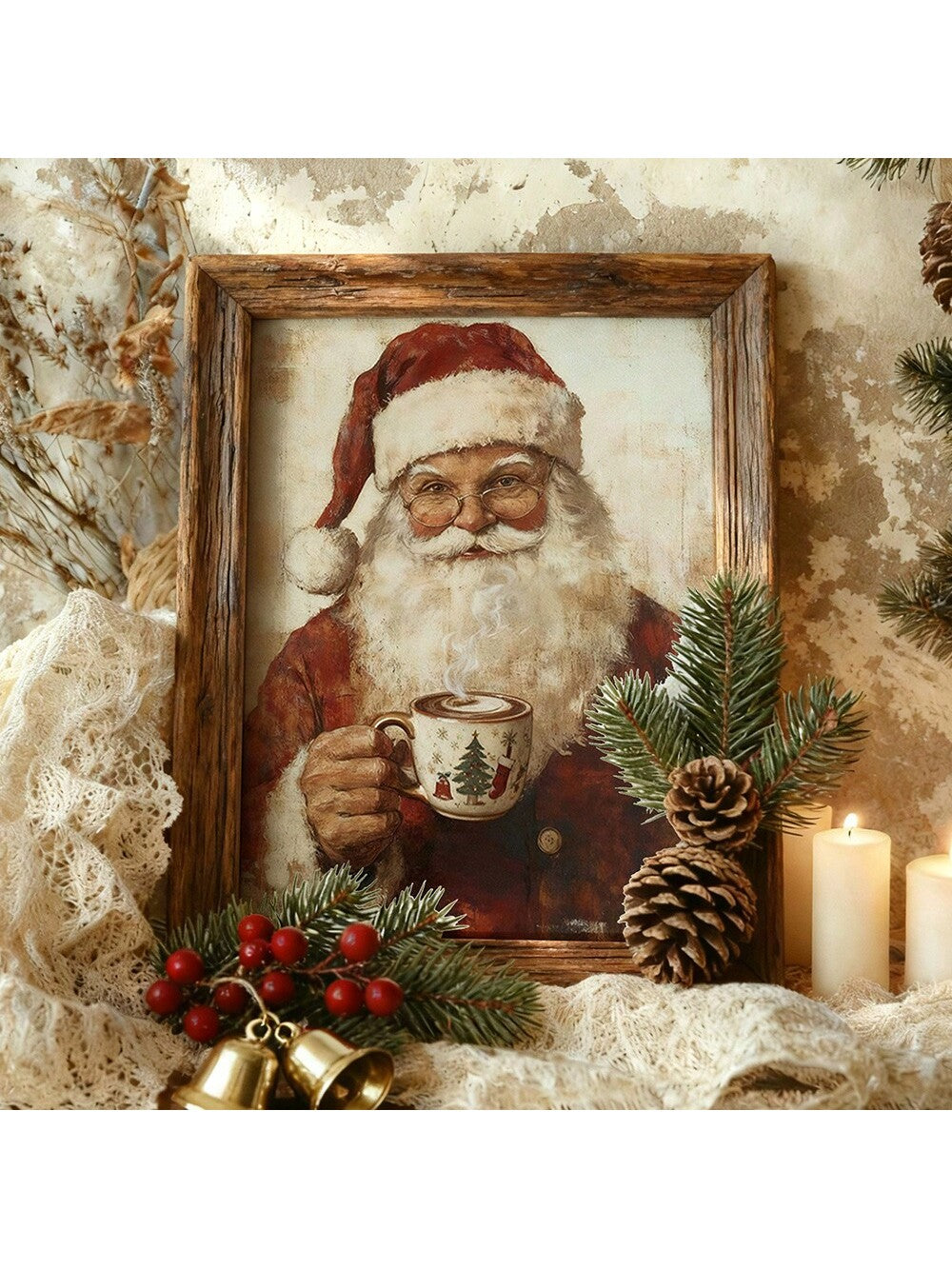 Bring a dash of holiday cheer to your cozy corner with this Vintage Santa Coffee Print. Featuring a whimsical Santa enjoying a steaming cup, it captures the nostalgic charm of a cottage Christmas. Perfect for brightening up your kitchen or living room, this playful piece adds warmth and festive spirit to your home all season long.