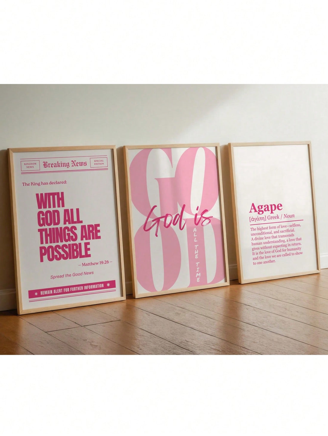 Transform your space with this vibrant Christian wall art set designed for teen girls who want their room to radiate positivity. Featuring uplifting messages like "God Is Always Good" and more, these frameless prints bring inspiration straight to your walls without the fuss. The soft pink aesthetic creates a calming, cheerful vibe that complements any bedroom style. Perfect for daily reminders of faith and encouragement, this set makes decorating fun and meaningful. Mix, match, and arrange them however you 