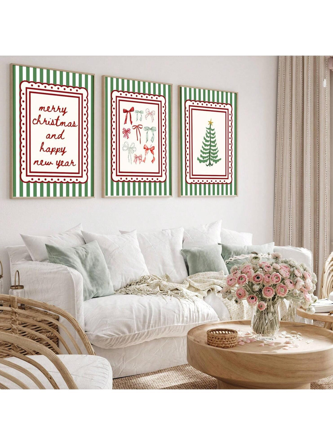 Transform your space into a holiday wonderland with this charming frameless Christmas wall art set! Featuring delightful vintage-inspired designs with classic green stripes, these festive prints bring nostalgic warmth and whimsical character to any room. Perfect for creating an eclectic gallery wall or mixing and matching throughout your home, this collection captures the magic of the season with a playful twist. Easy to display and endlessly versatile, these prints are your ticket to holiday cheer that fee