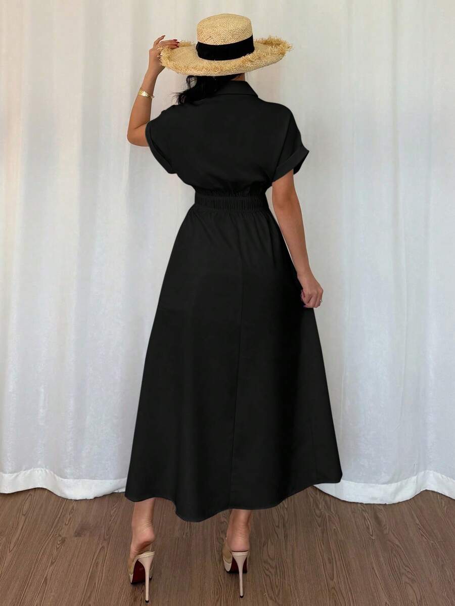 Effortlessly transition from office to weekend in this versatile button-up shirt dress. The raglan sleeves provide comfortable mobility and a flattering silhouette, while the strategically placed waist cinching creates definition and shape. Crafted for the modern woman who values both style and practicality, this piece layers beautifully over basics or stands alone as a complete look. The classic button-front closure allows for customizable styling—wear it fully buttoned for a polished appearance or open it