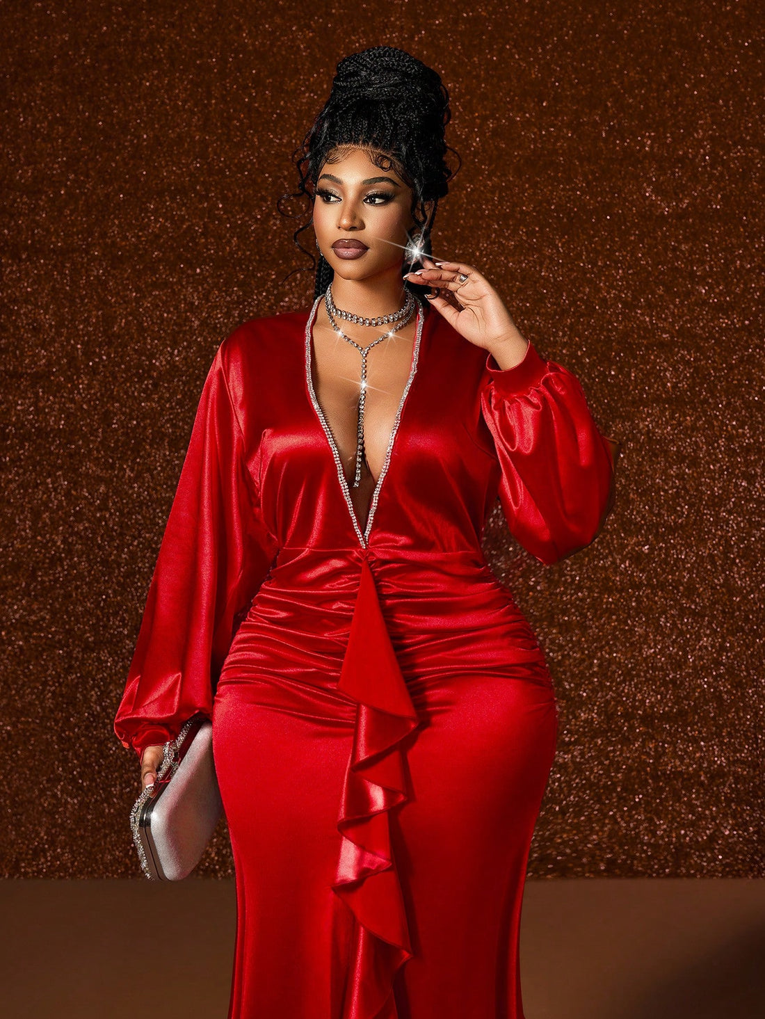 Make a statement this holiday season in this show-stopping red mermaid dress designed for curves and confidence! The fitted bodice hugs you beautifully before flowing into a dramatic fishtail hem that commands attention. Adorned with a shimmering rhinestone chain detail, this gown transforms any festive gathering into your personal runway. Perfect for holiday parties, galas, and special celebrations where you want to feel absolutely radiant. Slip into elegance and let your inner glamour shine!