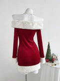 Back view of red long sleeve bodycon mini dress with off-shoulder white faux fur collar