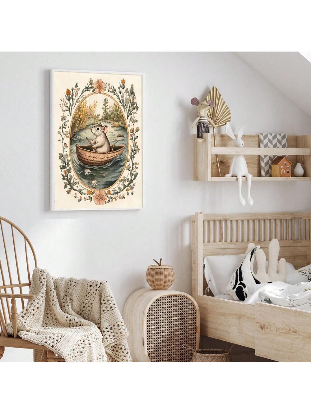 Bring enchanting character to any room with this whimsical boho botanical mouse wall art poster. Featuring a charming mouse surrounded by vintage-inspired florals and botanical elements, this canvas print seamlessly blends playful design with sophisticated aesthetics. Perfect for nurseries seeking personality beyond traditional themes, or modern homes embracing eclectic decor styles. The soft, muted color palette complements various interior schemes while the detailed botanical illustrations add visual dept