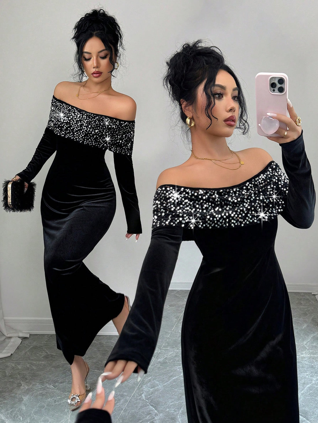 Shine bright like a diamond at your next soirée in this show-stopping sequin party dress! Featuring an elegant off-shoulder neckline and long sleeves, this fitted beauty combines glamour with comfort. The shimmering sequin detailing catches every light, while the cinched waist flatters your silhouette perfectly. Whether you're heading to a holiday celebration or autumn evening event, this dress transforms you into the star of the night. Dress it up with heels and statement jewelry for maximum sparkle, or ke