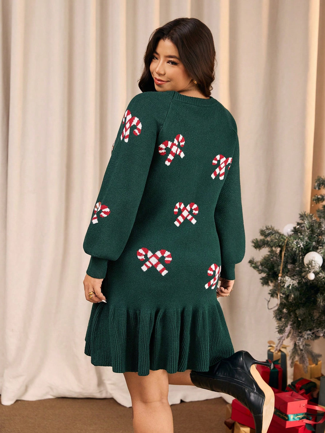 Wrap yourself in festive cheer with this charming candy cane sweater dress! Perfect for plus-size figures, this cozy knit features a delightful striped pattern that brings holiday spirit to your wardrobe. The playful ruffle hem adds a flirty touch, while the relaxed fit keeps you comfortable through autumn gatherings, winter outings, and Christmas celebrations. Layer it with tights and boots for effortless seasonal style that's equal parts sweet and sophisticated.