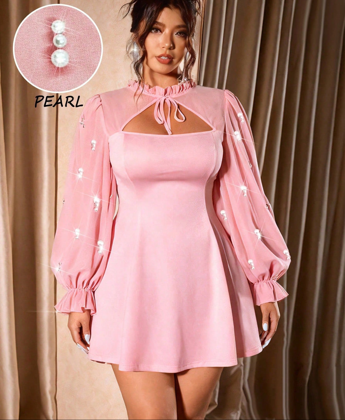 Elevate your autumn and winter wardrobe with this elegant plus size dress featuring delicate chiffon sleeves and a charming bow tie neckline. Adorned with pearl accents, it brings a touch of sparkle to your look without stealing the spotlight. Perfect for cozy events and special occasions, this dress combines comfort with a playful, sophisticated flair that celebrates every curve with style.