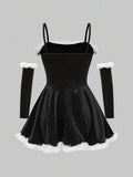 Back product view of black faux fur trim camisole mini dress with separate arm sleeves