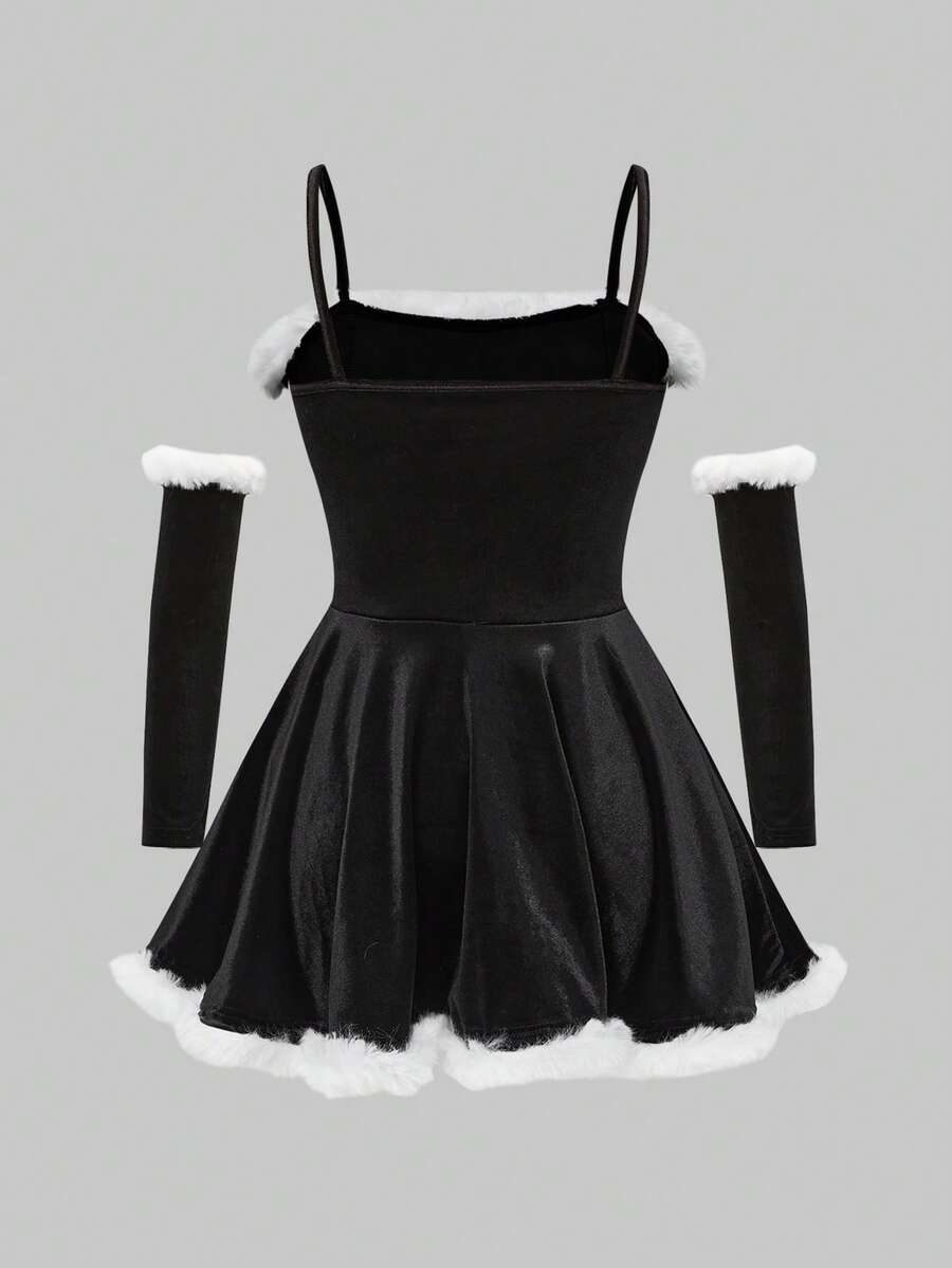 Back product view of black faux fur trim camisole mini dress with separate arm sleeves