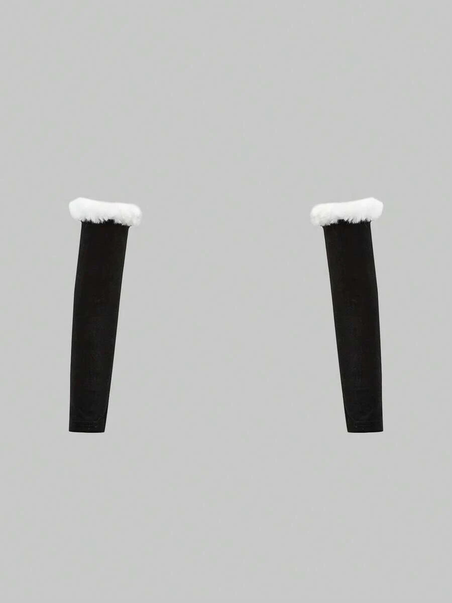Pair of black separate arm sleeves with white faux fur cuffs