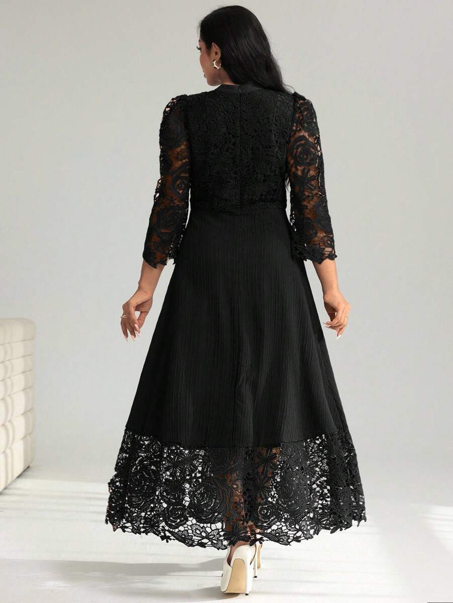 Sunshine never looked so chic! This plus-size maxi dress combines cheerful yellow tones with delicate eyelet embroidery and charming patchwork details for a look that's equal parts elegant and fun. Long sleeves provide graceful coverage while the flowing silhouette flatters every curve. Perfect for garden parties, brunch dates, or whenever you want to turn heads with effortless style. Embrace your inner fashionista in a dress designed to make you feel absolutely fabulous.