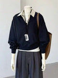 Rib-knit hem detail of Women's Striped Long Sleeve Sweatshirt with Classic Shirt Collar for daily wear