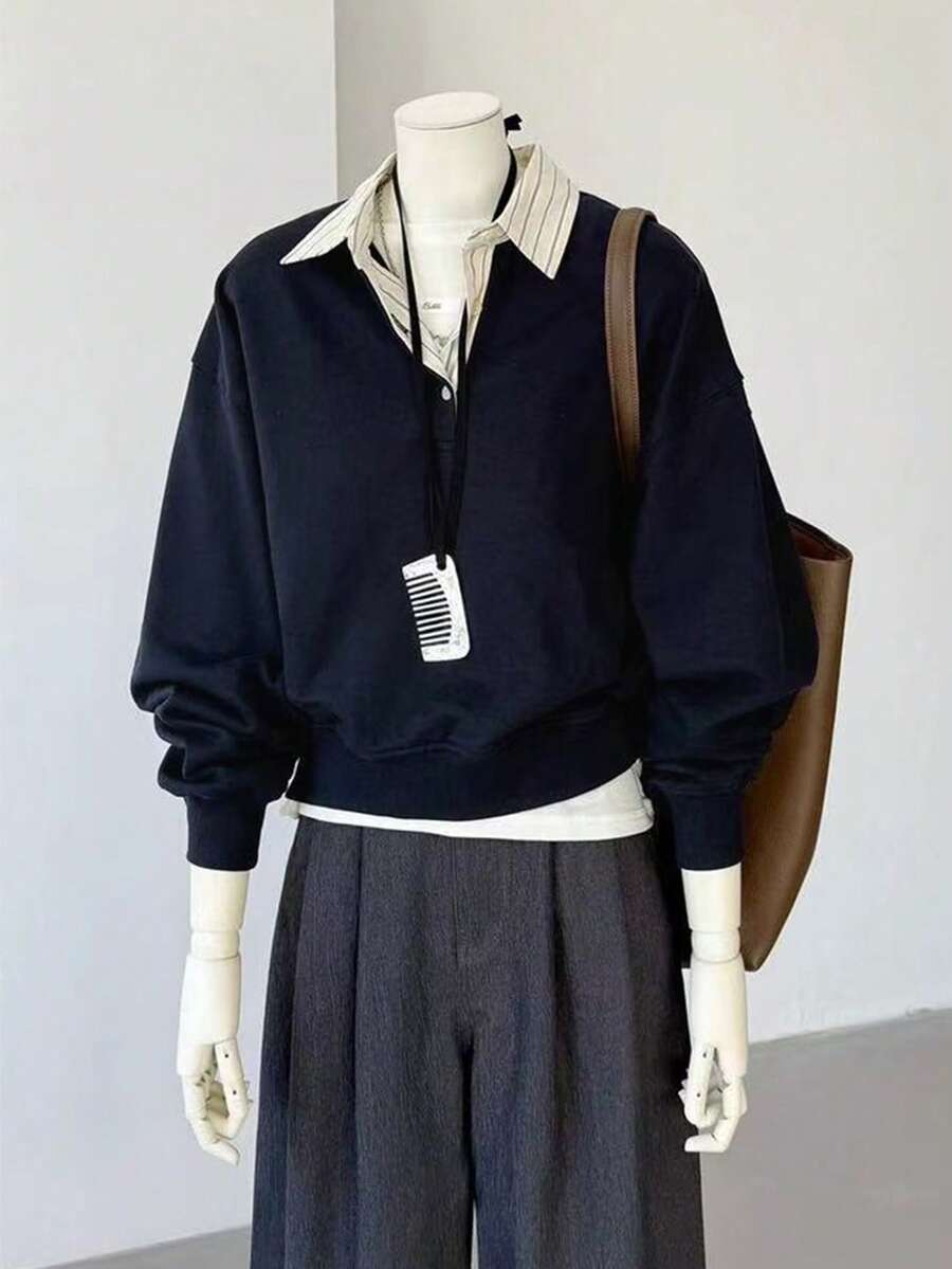 Rib-knit hem detail of Women's Striped Long Sleeve Sweatshirt with Classic Shirt Collar for daily wear