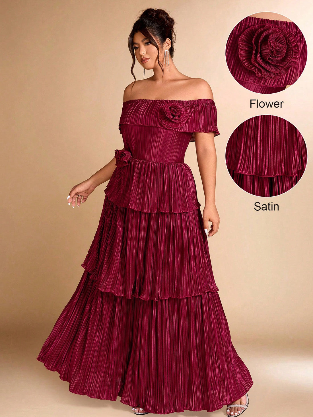 Elevate your wardrobe with this stunning plus-size maxi dress that effortlessly transitions from party nights to everyday elegance. The off-shoulder neckline creates a chic, flattering silhouette while the intricate 3D floral details add dimension and visual interest. Pleated throughout for a graceful drape, this dress celebrates curves with confidence and style. Perfect for making a statement at any occasion, whether you're dancing the night away or enjoying a casual outing. Comfort meets sophistication in