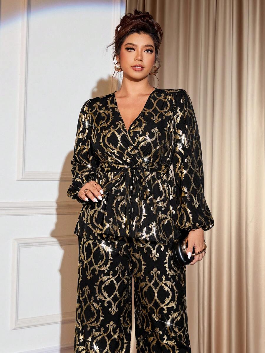 Elevate your wardrobe with this stunning plus-size two-piece set featuring a vintage gold foil print. The V-neck tie-up shirt showcases elegant wrap detailing and extra-long sleeves, while the coordinating elastic waist pants offer comfortable all-day wear. Crafted from a breathable polyester-elastane blend, this sophisticated ensemble is perfect for weddings, celebrations, and special occasions. The apricot hue adds warmth and dimension to any complexion. Hand wash for easy care and lasting quality.