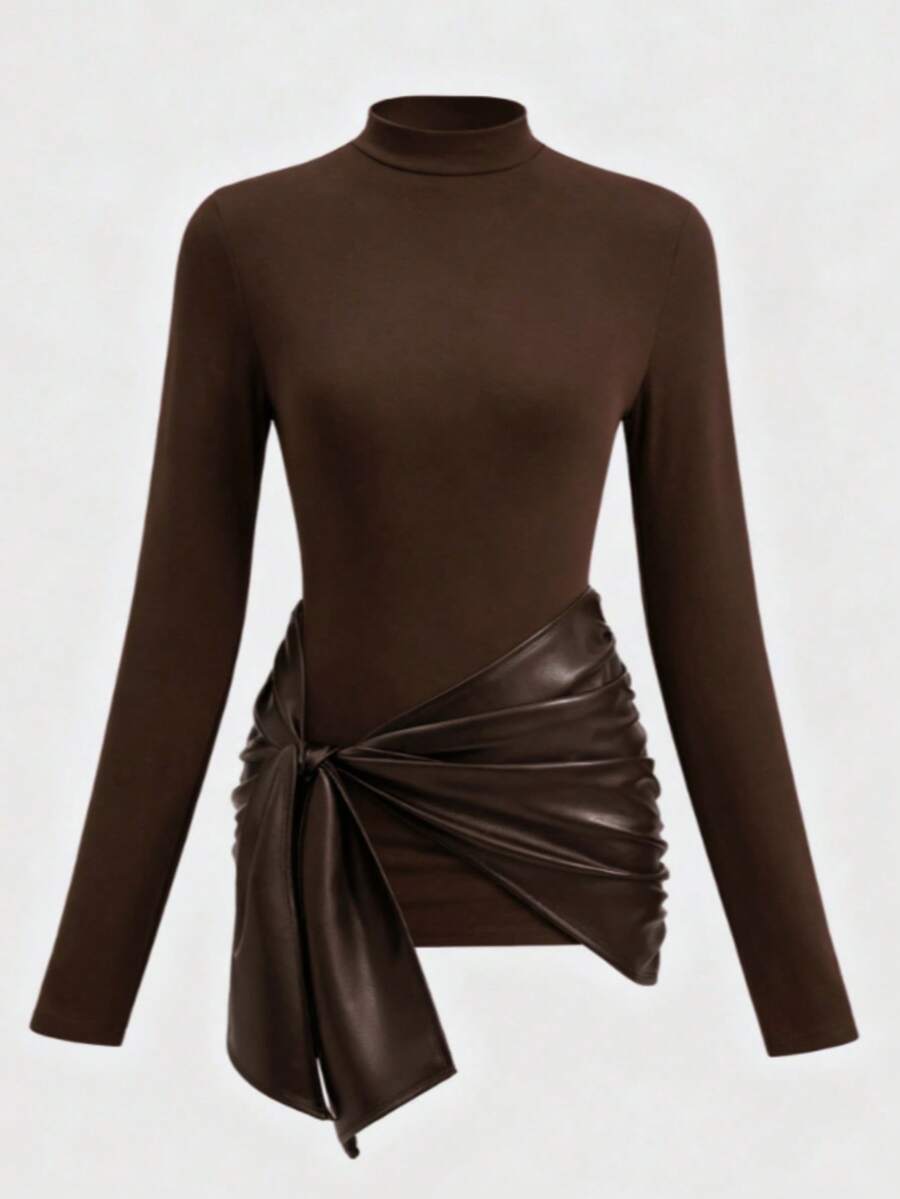 Model wears dark brown long sleeve mock neck mini dress with faux leather wrap skirt