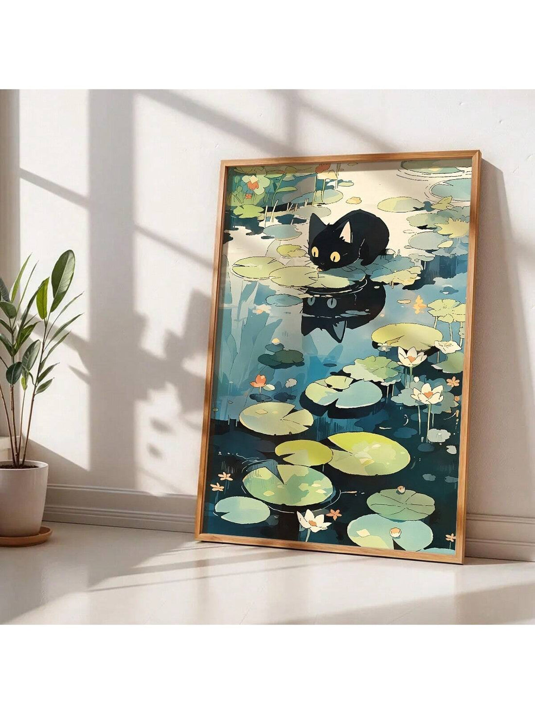 Whiskers meet zen in this delightful poster featuring an adorable black cat lounging among serene lotus leaves. Perfect for feline enthusiasts and anyone seeking a touch of whimsy in their space, this charming artwork blends playful cat personality with peaceful botanical vibes. Whether you're decorating a cozy corner, gifting a fellow cat lover, or adding personality to your walls, this poster brings instant charm and conversation-starting appeal. A purrfect way to celebrate your love for cats while embrac
