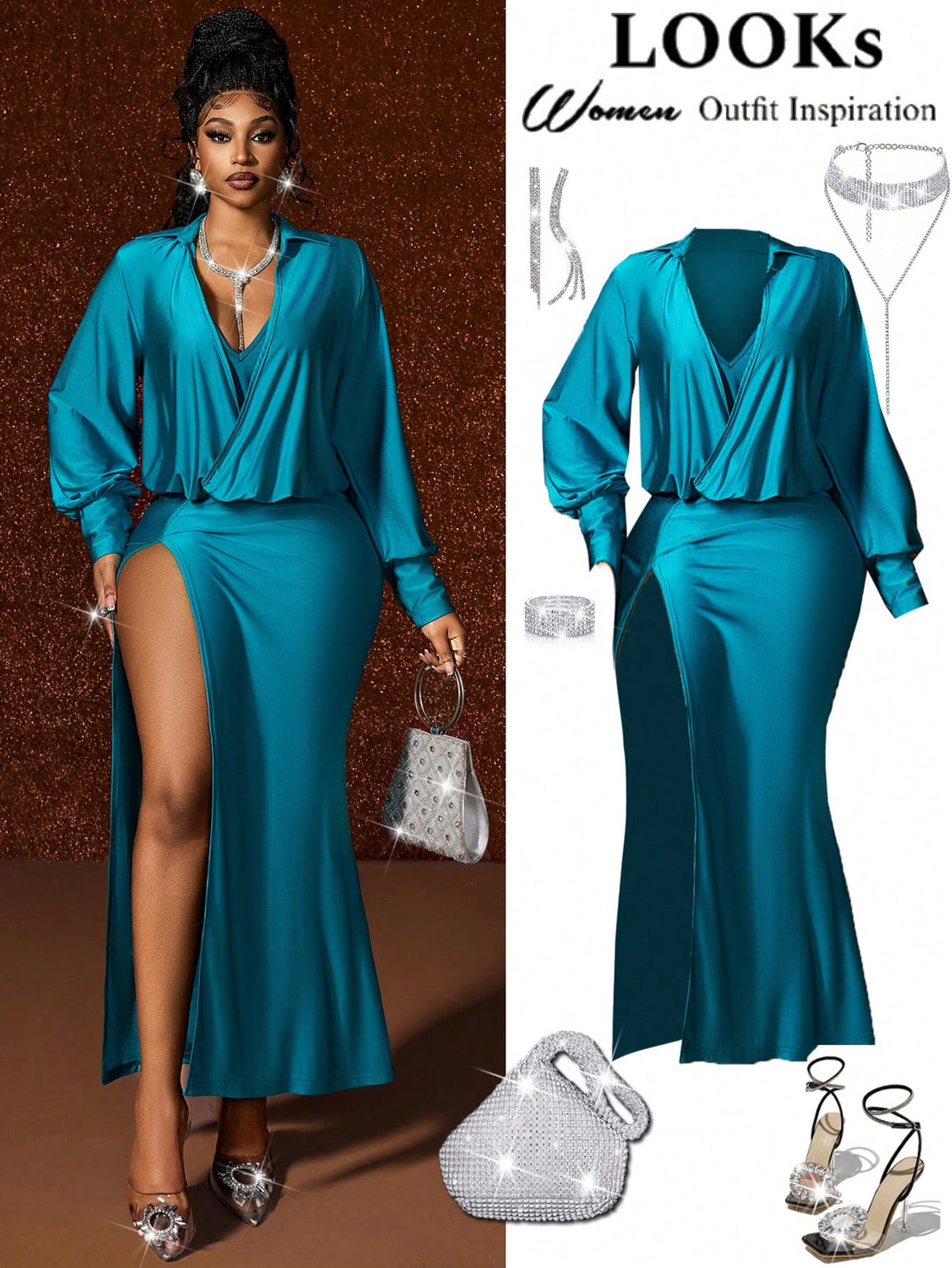 Slip into elegance with this show-stopping satin maxi dress designed for curves and confidence. The luxurious shiny fabric catches the light beautifully, while the daring high slit adds a flirty touch that keeps things interesting. Perfect for holiday parties, date nights, or any occasion where you want to turn heads, this plus-size stunner drapes gorgeously and moves with you. Whether you're dancing the night away or making a grand entrance, you'll feel absolutely fabulous in this timeless piece that celeb
