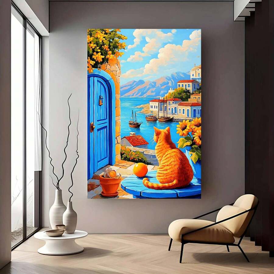 Orange tabby cat canvas art overlooking a Mediterranean harbor with boats and blue sea