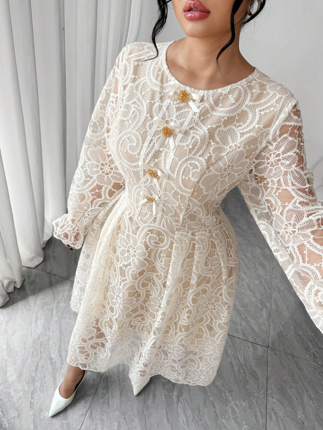 Embrace timeless elegance with this stunning vintage French lace plus-size dress, your go-to piece for fall and winter celebrations. Crafted with delicate lace detailing and a flattering silhouette, it transitions effortlessly from holiday gatherings to special school events. The rich seasonal colors and sophisticated design make you feel confident and beautiful, whether you're dressing up for a festive occasion or adding a touch of vintage charm to your everyday wardrobe. A versatile essential that celebra
