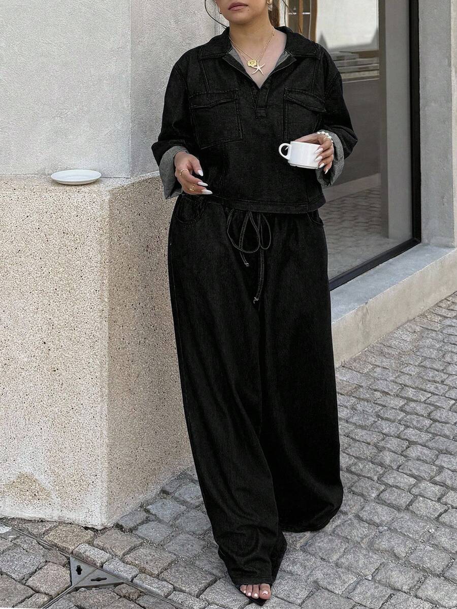 Elevate your autumn wardrobe with this fabulous denim two-piece set designed for the modern plus-size woman. The casual polo collar top features long sleeves perfect for layering, while the matching jeans provide a polished foundation for endless styling possibilities. Whether you're heading to brunch, running errands, or meeting friends, this coordinated set delivers effortless chic without the fuss. Mix, match, or wear together—this versatile duo is your new go-to for comfortable, on-trend looks all seaso