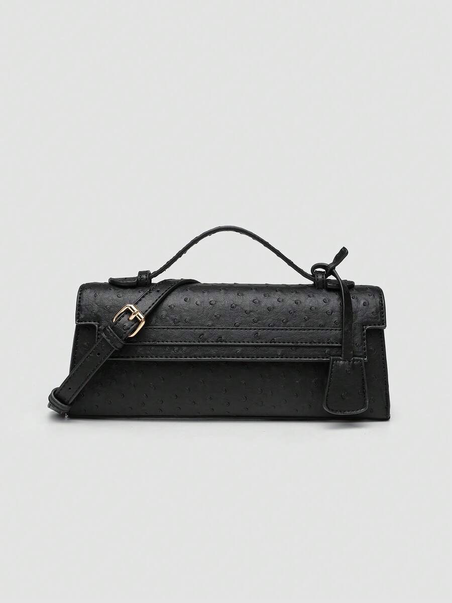 Ostrich embossed structured top handle shoulder bag with flap closure and adjustable strap