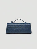 Ostrich embossed structured top handle shoulder bag with flap closure and adjustable strap