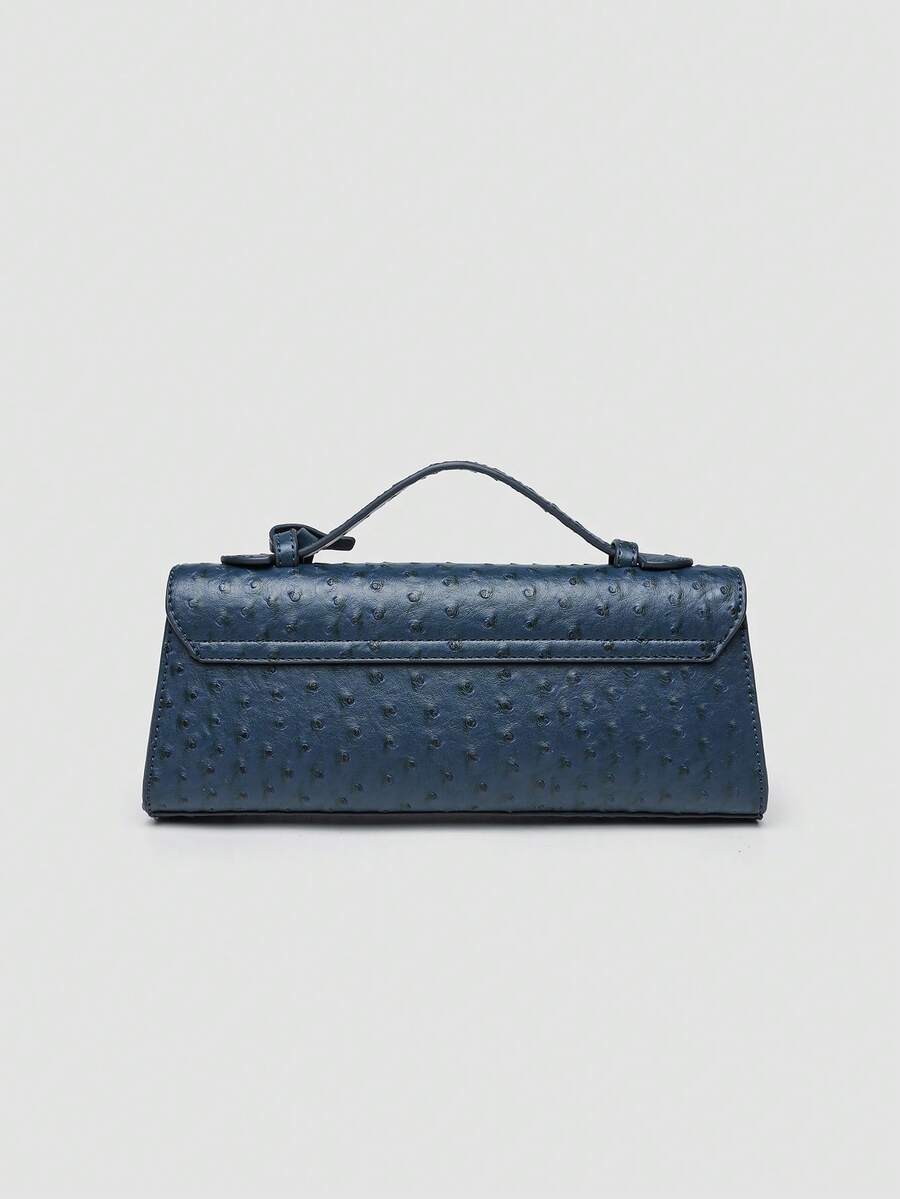 Ostrich embossed structured top handle shoulder bag with flap closure and adjustable strap