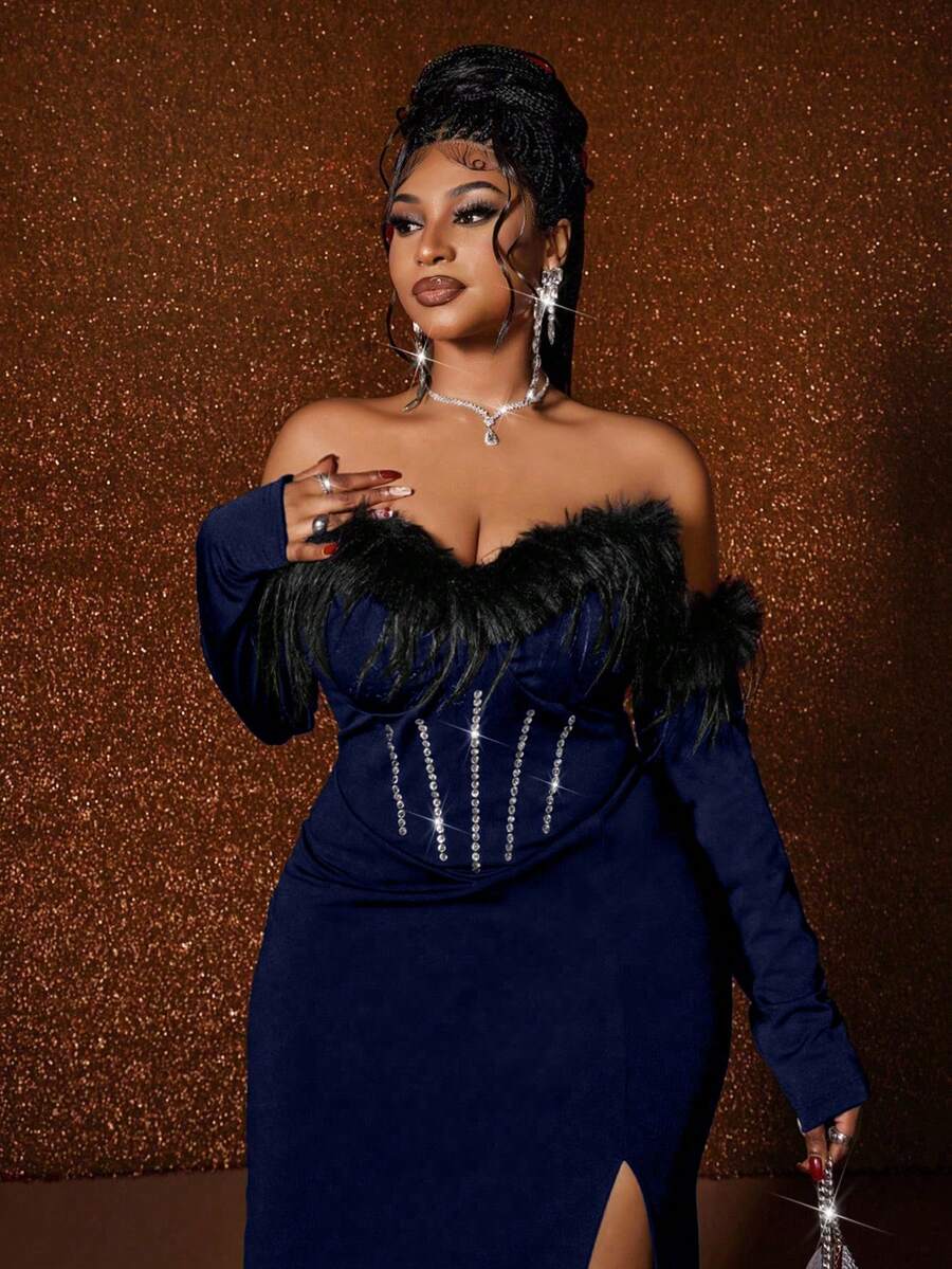 Slip into sophistication with this show-stopping off-shoulder dress that celebrates curves in all the right ways. The luxe fur trim adds a touch of glamour, while the strategic slit keeps things flirty and fun. Whether you're heading to a party or elevating your everyday look, this plus-size beauty delivers confidence with every wear. Comfortable, chic, and unapologetically fabulous—because you deserve to feel amazing.