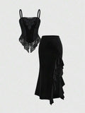Black gothic velvet camisole and asymmetric ruffled maxi skirt set front view