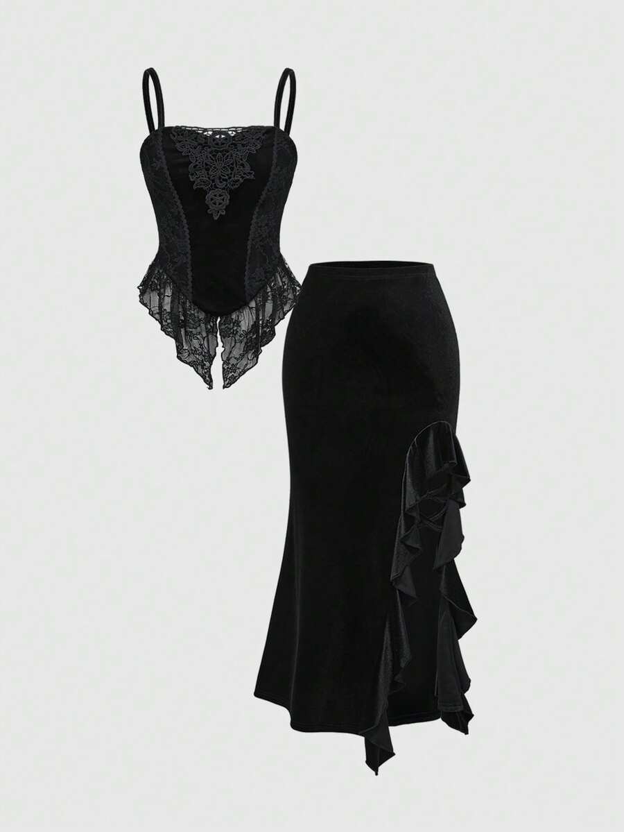Black gothic velvet camisole and asymmetric ruffled maxi skirt set front view