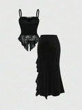 Black gothic velvet camisole and long ruffled skirt set back view