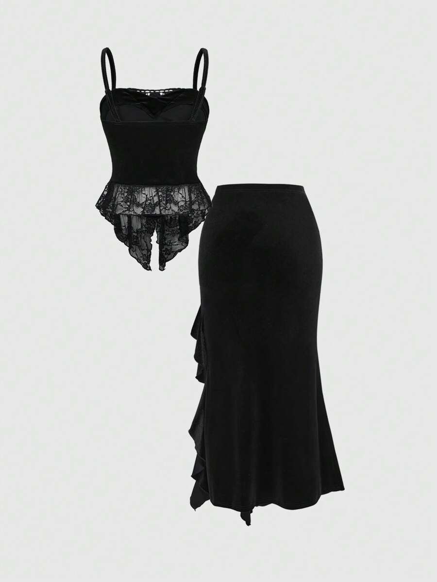 Black gothic velvet camisole and long ruffled skirt set back view