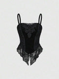 Black gothic velvet lace-trim camisole with pointed lace hem front view