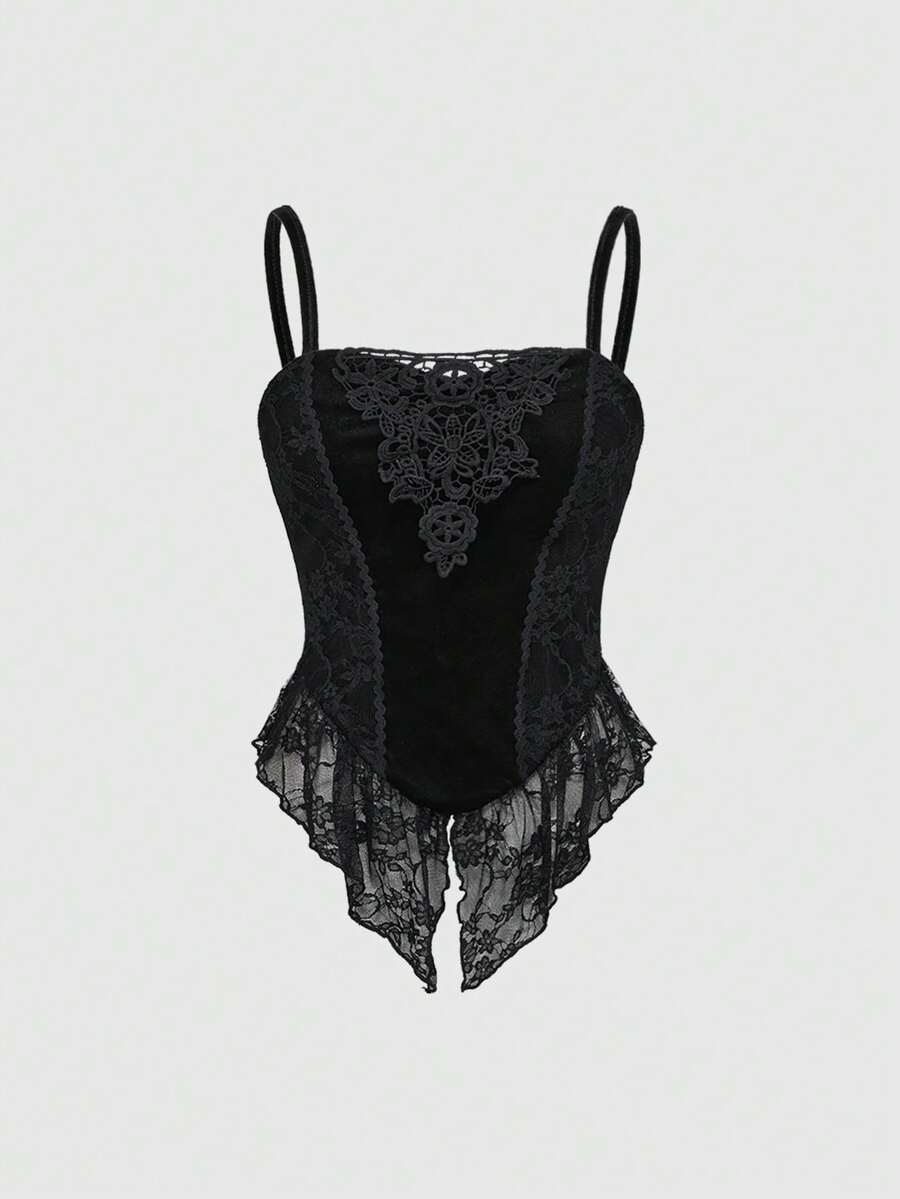 Black gothic velvet lace-trim camisole with pointed lace hem front view