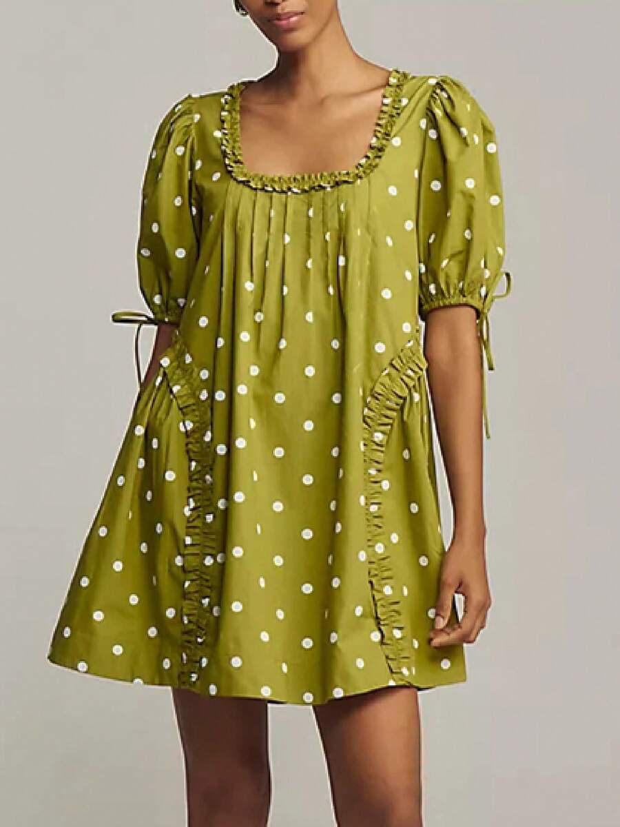 Elevate your special occasion style with this enchanting tulle princess mini dress. Featuring delicate puffy sleeves and a charming ruffle hem, this A-line silhouette flatters with its loose, comfortable fit. The round neckline and random print design add whimsical appeal perfect for parties, prom, and festive celebrations. Crafted from breathable 100% polyester with medium stretch, this short dress moves with you throughout the night. Machine washable for easy care, it's your go-to choice for making a memo