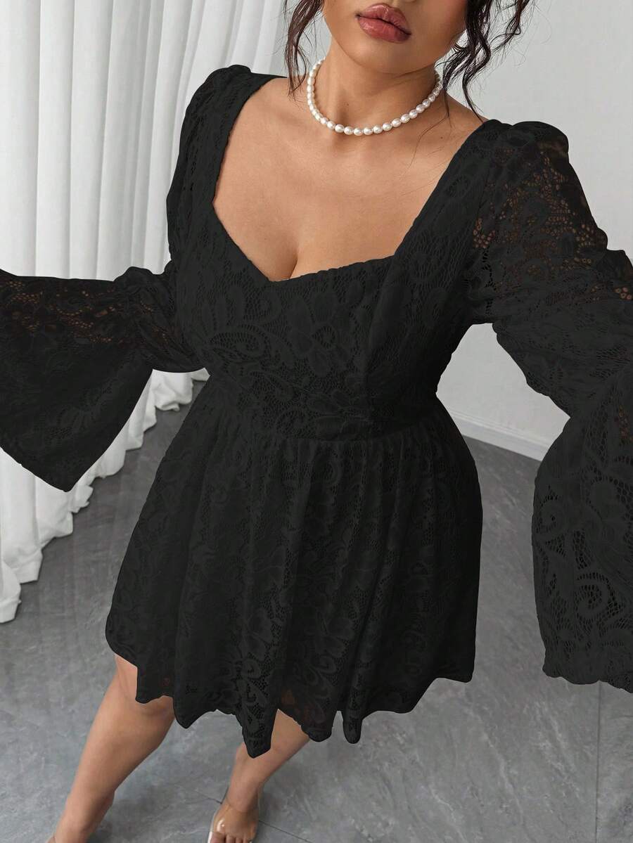 Make a statement in this stunning plus-size lace dress that's equal parts sophisticated and fun! The delicate lace fabric pairs beautifully with a flattering square neckline and long sleeves for an effortlessly elegant look. Perfect for date nights, parties, or any occasion where you want to feel confident and fabulous. The shorter hemline keeps things flirty while the thoughtful design ensures all-day comfort. Dress it up with heels and jewelry, or keep it casual—this versatile piece works however you want
