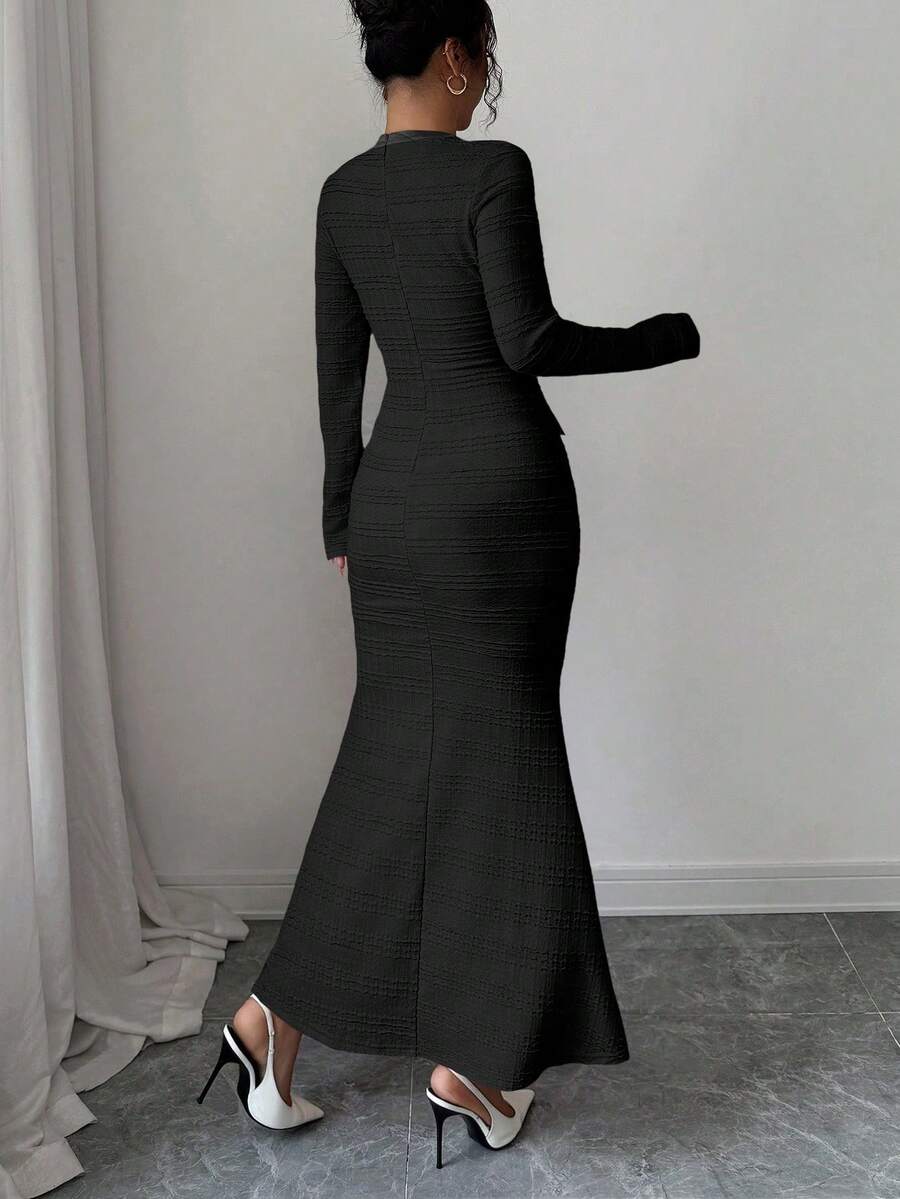 Bonjour! Here's your product description: Embrace timeless Parisian charm with this sophisticated long-sleeve knit dress that whispers elegance at every turn. The textured knit fabric drapes beautifully while the delicate bow detail adds a touch of je ne sais quoi—perfect for elevating your autumn and winter wardrobe. Whether you're heading to brunch, a gallery opening, or a cozy evening out, this versatile piece transitions effortlessly from day to night. Soft, comfortable, and undeniably chic, it's the dr