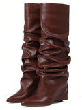 Heel view of Punk Goth Mid-Calf Motorcycle Boots with Chunky High Heels - Fashionable Slouched Ruched Style for Women for punk motorcycle boot styling
