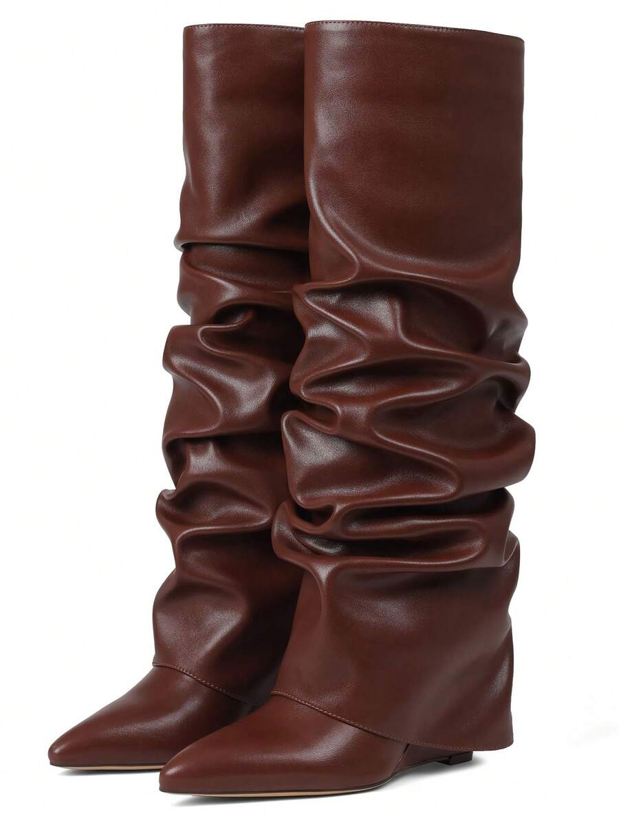 Heel view of Punk Goth Mid-Calf Motorcycle Boots with Chunky High Heels - Fashionable Slouched Ruched Style for Women for punk motorcycle boot styling